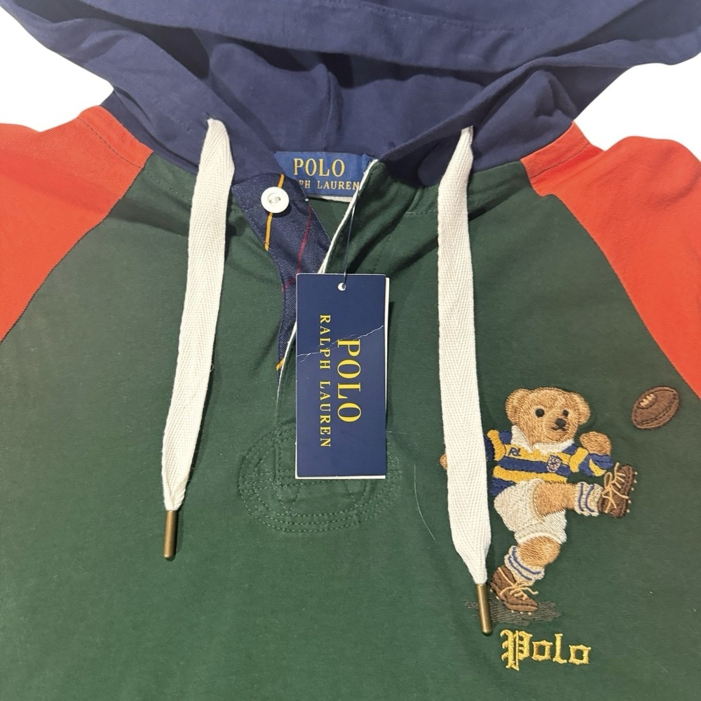 Polo Ralph Lauren Hoodie Bear Rugby Hooded Shirt Green Red Mens Small NWT